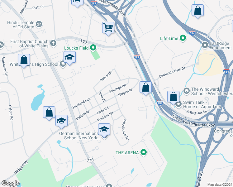 map of restaurants, bars, coffee shops, grocery stores, and more near 32 Woodbrook Road in White Plains