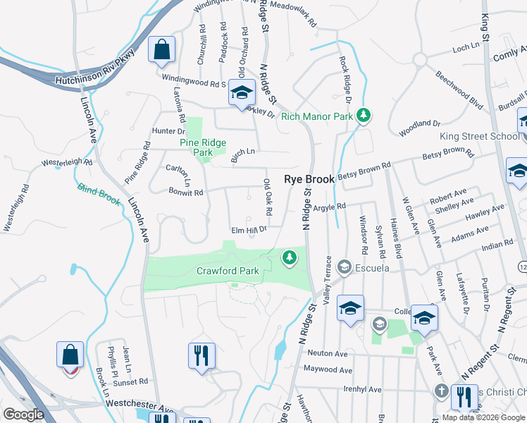 map of restaurants, bars, coffee shops, grocery stores, and more near 3 Greenhouse Circle in Rye Brook