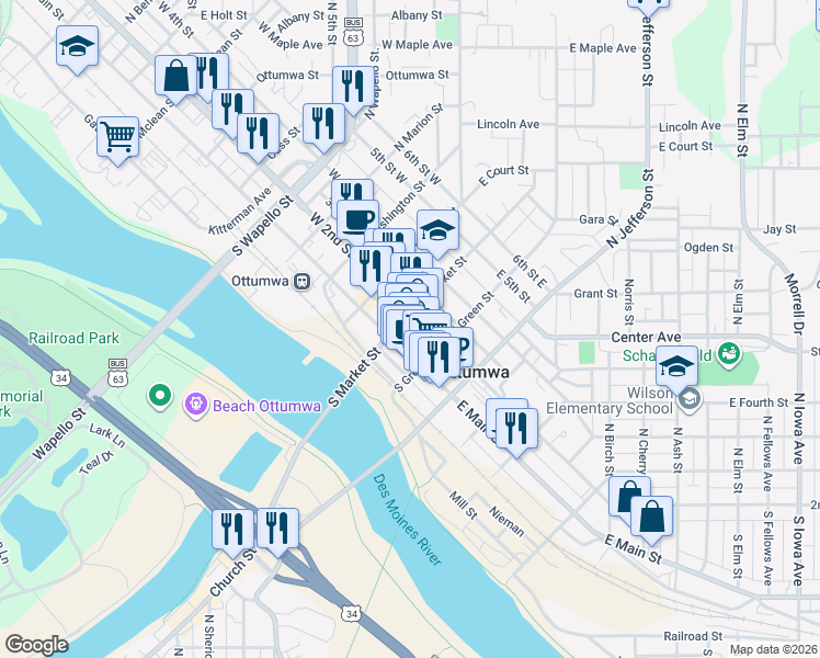 map of restaurants, bars, coffee shops, grocery stores, and more near 104 South Market Street in Ottumwa