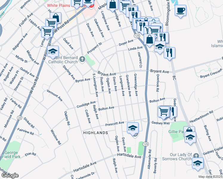 map of restaurants, bars, coffee shops, grocery stores, and more near 139 Davis Avenue in White Plains