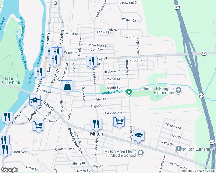 map of restaurants, bars, coffee shops, grocery stores, and more near 401 Myrtle Street in Milton