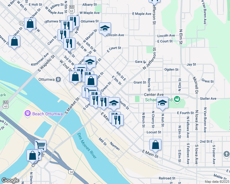 map of restaurants, bars, coffee shops, grocery stores, and more near 315 4th Street East in Ottumwa