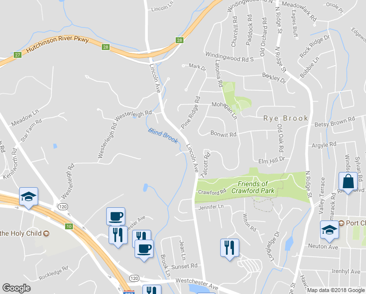 map of restaurants, bars, coffee shops, grocery stores, and more near 42 Lincoln Avenue in Rye Brook