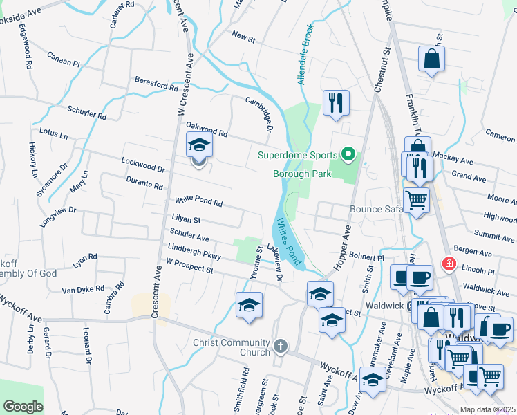 map of restaurants, bars, coffee shops, grocery stores, and more near 57 White Pond Road in Waldwick
