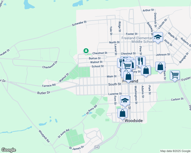 map of restaurants, bars, coffee shops, grocery stores, and more near 615 Hemlock St in Freeland