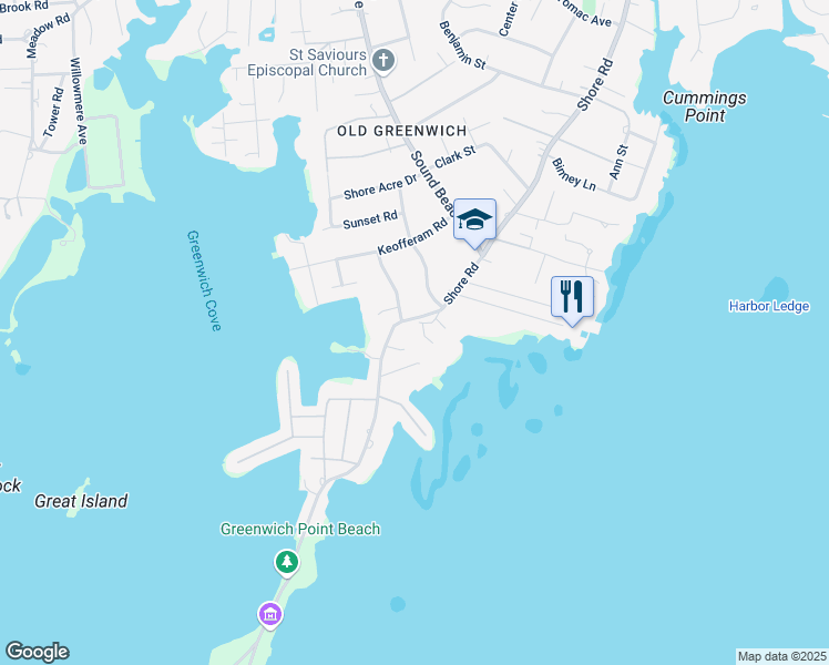 map of restaurants, bars, coffee shops, grocery stores, and more near 176 Shore Road in Greenwich