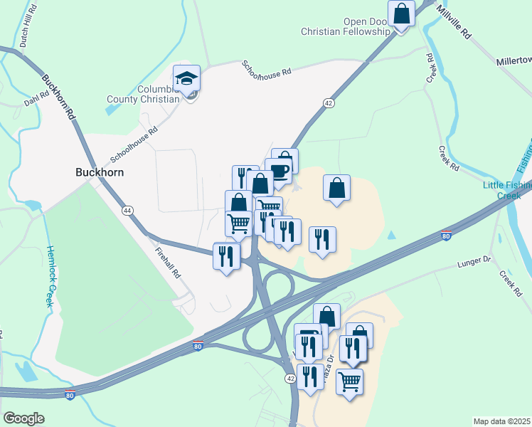 map of restaurants, bars, coffee shops, grocery stores, and more near 225 Columbia Mall Drive in Bloomsburg