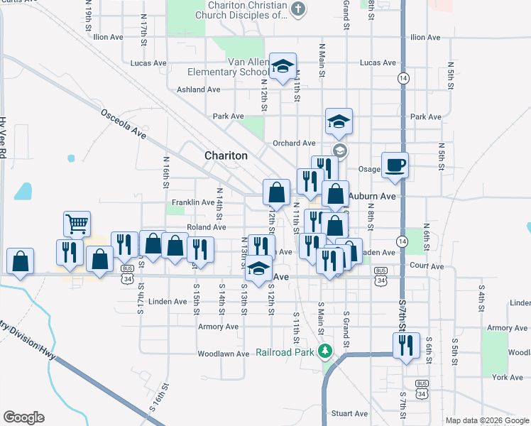map of restaurants, bars, coffee shops, grocery stores, and more near 321 North 12th Street in Chariton