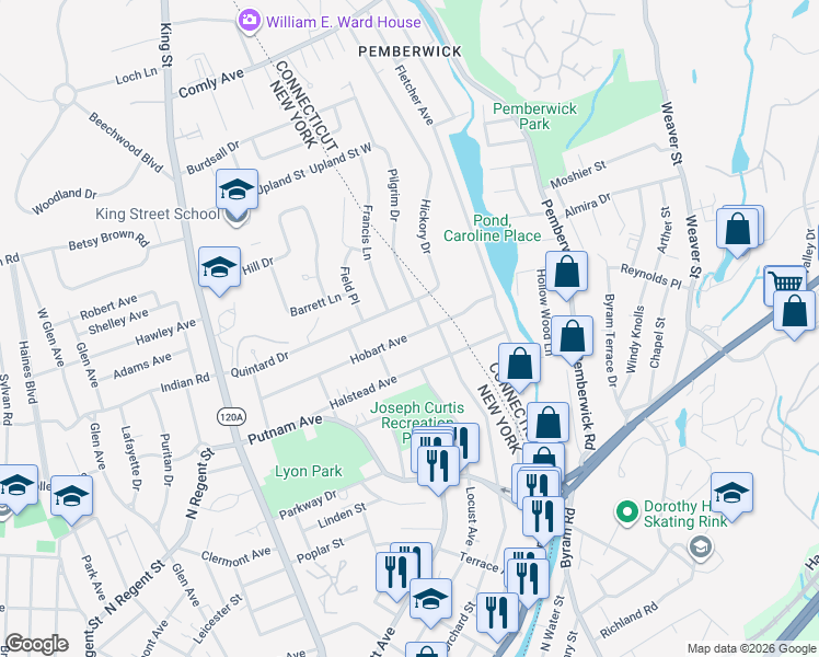 map of restaurants, bars, coffee shops, grocery stores, and more near 148 Hobart Avenue in Port Chester