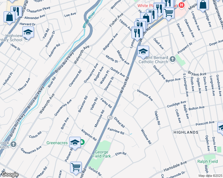 map of restaurants, bars, coffee shops, grocery stores, and more near 33 Van Wart Avenue in White Plains