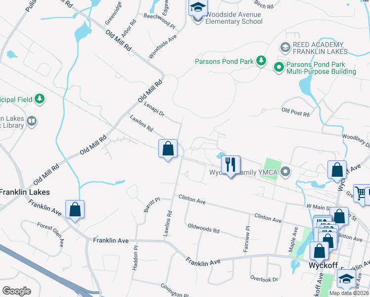 map of restaurants, bars, coffee shops, grocery stores, and more near 708 Lawlins Road in Franklin Lakes