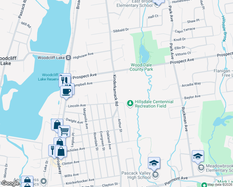 map of restaurants, bars, coffee shops, grocery stores, and more near 14 Kinderkamack Road in Woodcliff Lake