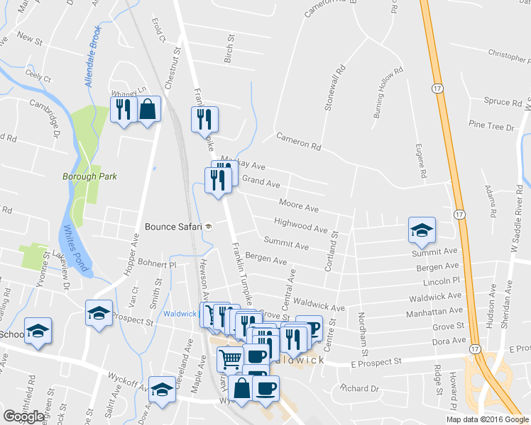 map of restaurants, bars, coffee shops, grocery stores, and more near 9 Highwood Ave in Waldwick