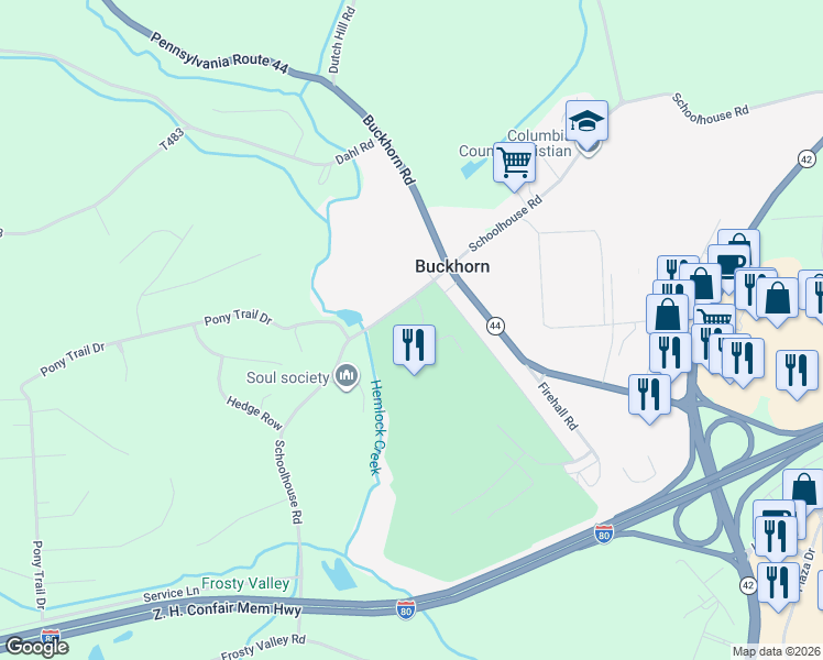 map of restaurants, bars, coffee shops, grocery stores, and more near 26 Williamsburg Blvd in Bloomsburg