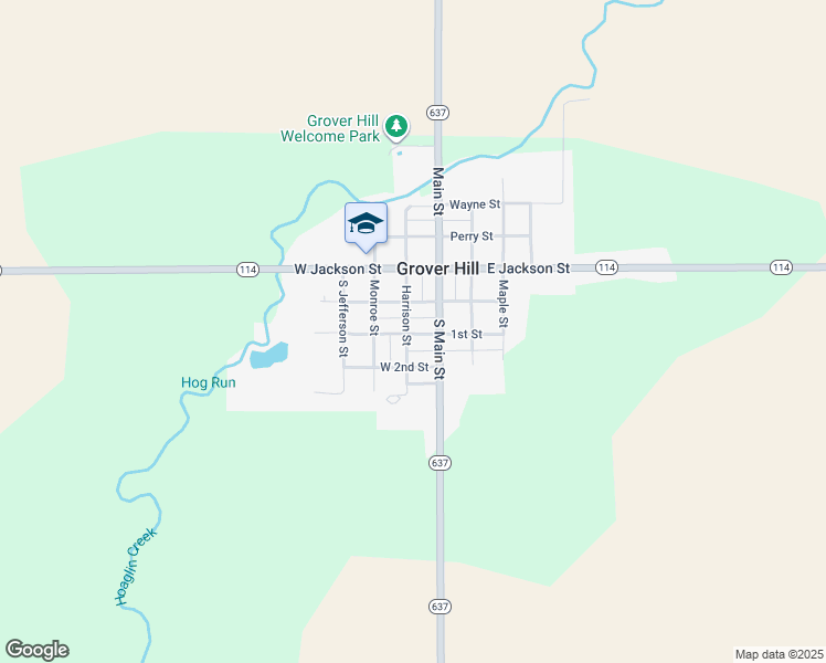 map of restaurants, bars, coffee shops, grocery stores, and more near 100 W 1st St in Grover Hill