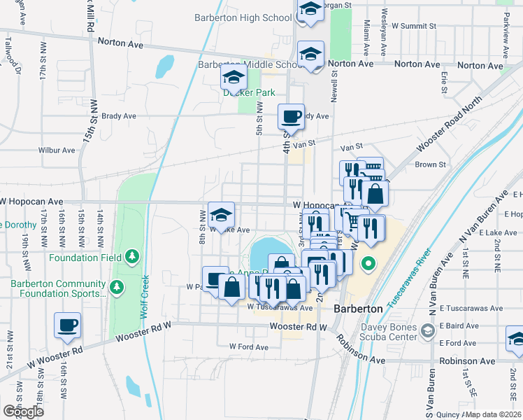 map of restaurants, bars, coffee shops, grocery stores, and more near 570 West Hopocan Avenue in Barberton