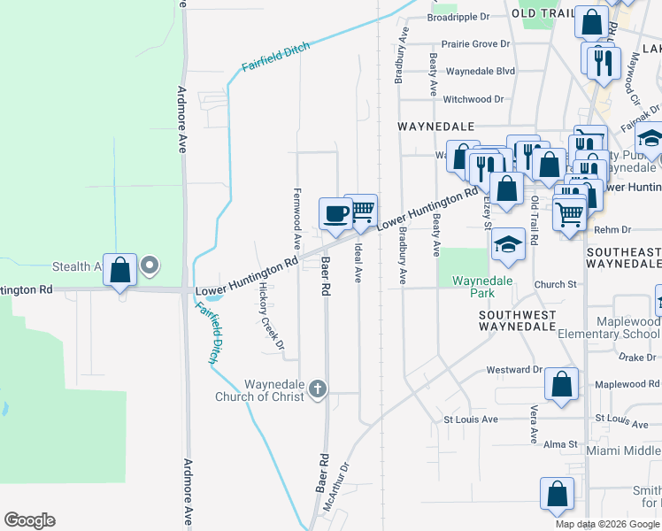 map of restaurants, bars, coffee shops, grocery stores, and more near 3411 Lower Huntington Road in Fort Wayne