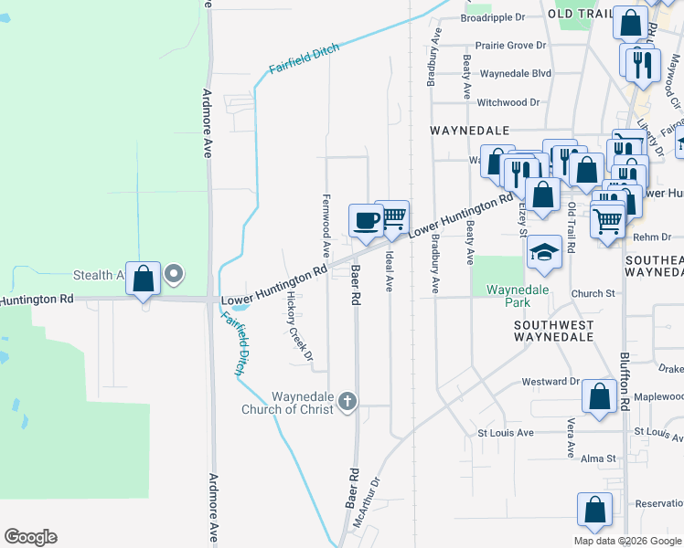 map of restaurants, bars, coffee shops, grocery stores, and more near 3411 Lower Huntington Road in Fort Wayne