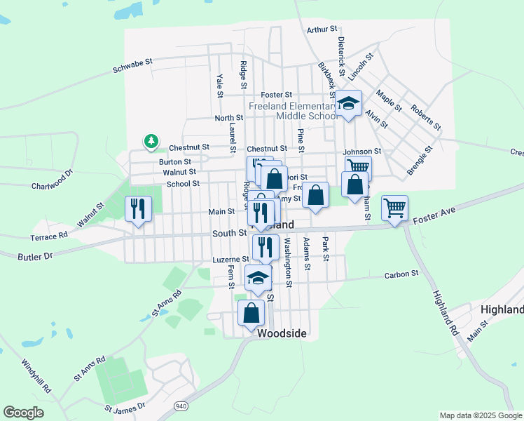 map of restaurants, bars, coffee shops, grocery stores, and more near 830 Main Street in Freeland