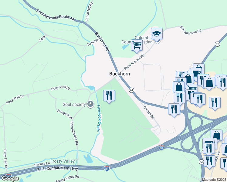 map of restaurants, bars, coffee shops, grocery stores, and more near 26 Williamsburg Blvd in Bloomsburg