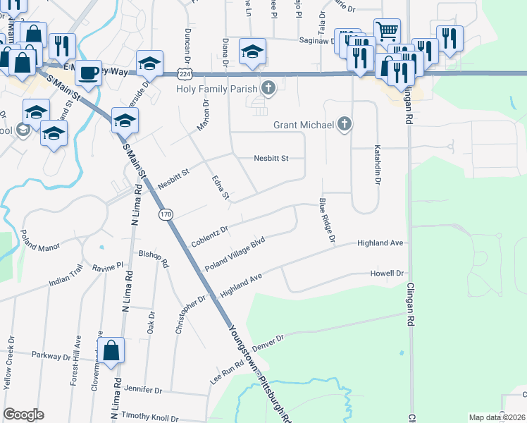 map of restaurants, bars, coffee shops, grocery stores, and more near 2770 Coblentz Drive in Youngstown