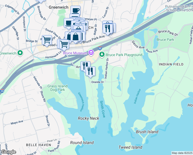 map of restaurants, bars, coffee shops, grocery stores, and more near 17 Davenport Avenue in Greenwich