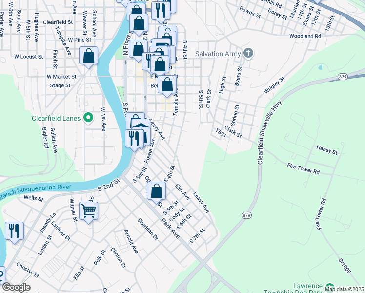 map of restaurants, bars, coffee shops, grocery stores, and more near 322 S 4th St in Clearfield