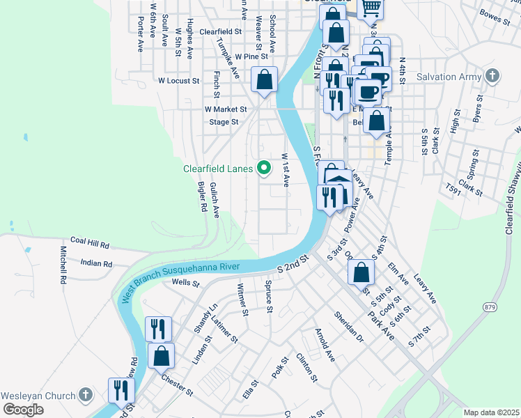 map of restaurants, bars, coffee shops, grocery stores, and more near 18 West Hill Street in Clearfield