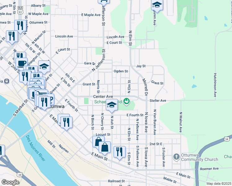 map of restaurants, bars, coffee shops, grocery stores, and more near 600-626 North Ash Street in Ottumwa