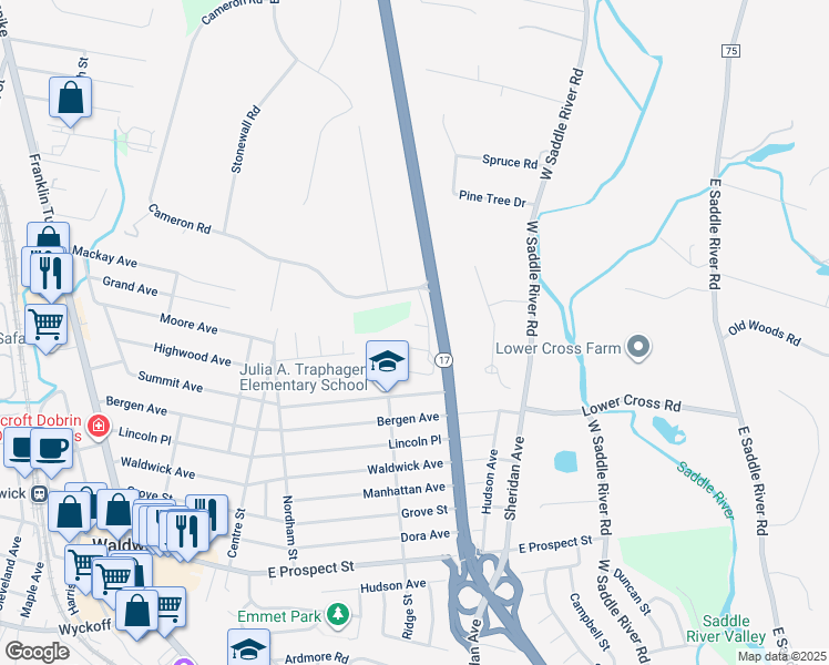 map of restaurants, bars, coffee shops, grocery stores, and more near 10 Stratford Ct in Saddle River