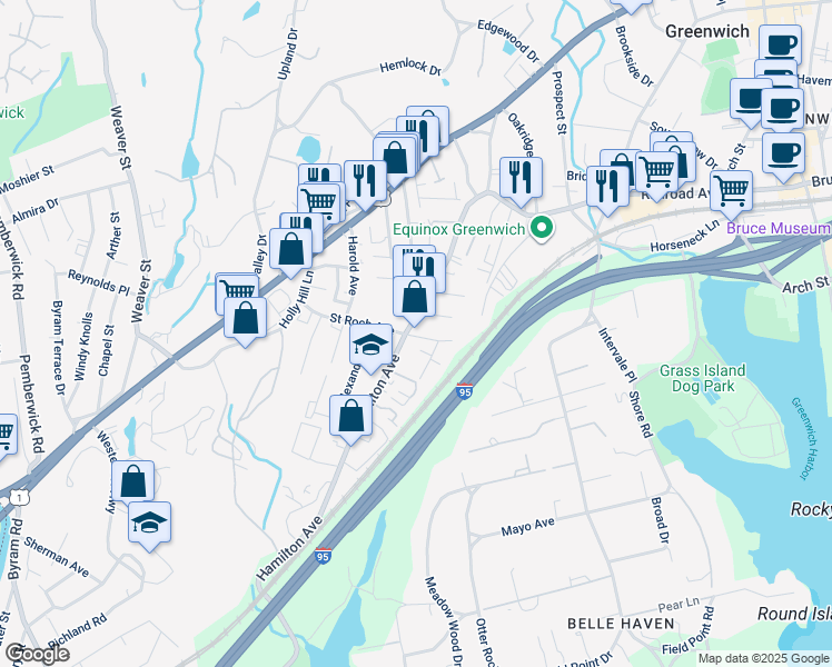 map of restaurants, bars, coffee shops, grocery stores, and more near 199 Hamilton Avenue in Greenwich