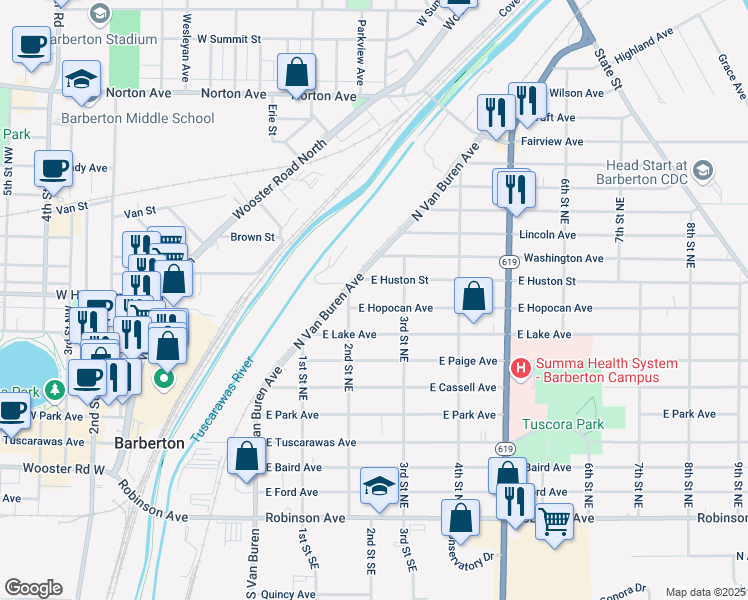 map of restaurants, bars, coffee shops, grocery stores, and more near 283 East Hopocan Avenue in Barberton