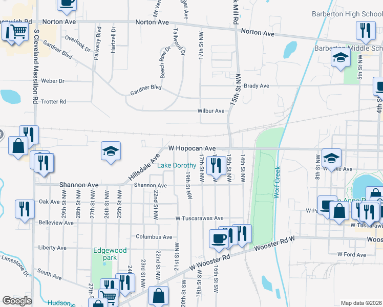 map of restaurants, bars, coffee shops, grocery stores, and more near 263 19th St NW in Barberton