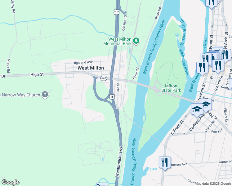 map of restaurants, bars, coffee shops, grocery stores, and more near 46 South 3rd Street in Lewisburg