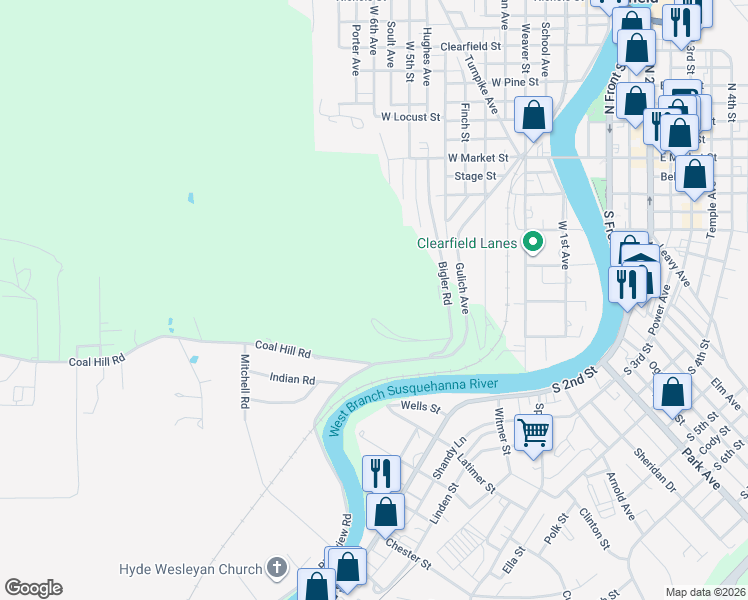 map of restaurants, bars, coffee shops, grocery stores, and more near 5315 Bigler Road in Clearfield