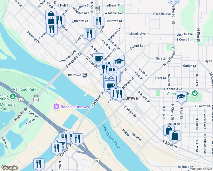 map of restaurants, bars, coffee shops, grocery stores, and more near 119 East Main Street in Ottumwa