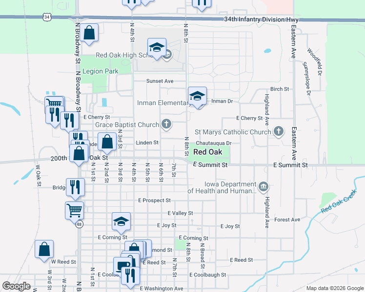 map of restaurants, bars, coffee shops, grocery stores, and more near 1411 North 8th Street in Red Oak