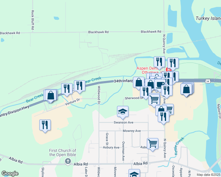 map of restaurants, bars, coffee shops, grocery stores, and more near 1100 Wildwood Drive in Ottumwa