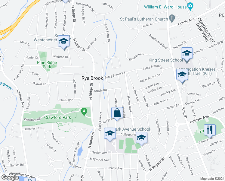 map of restaurants, bars, coffee shops, grocery stores, and more near 92 Windsor Road in Rye Brook