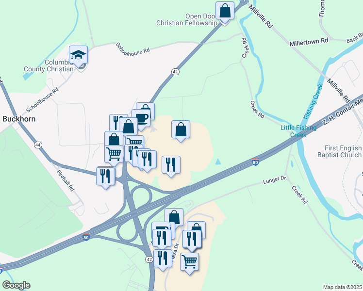 map of restaurants, bars, coffee shops, grocery stores, and more near 225 Columbia Mall Drive in Bloomsburg