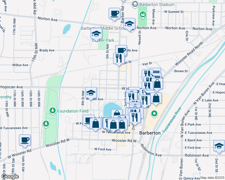 map of restaurants, bars, coffee shops, grocery stores, and more near 570 West Hopocan Avenue in Barberton