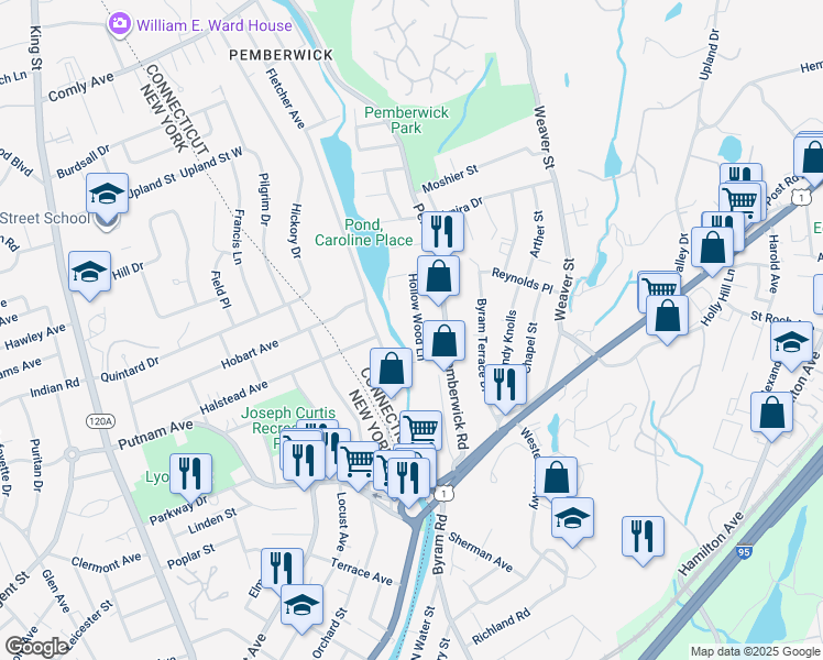map of restaurants, bars, coffee shops, grocery stores, and more near 14 Hollow Wood Lane in Greenwich