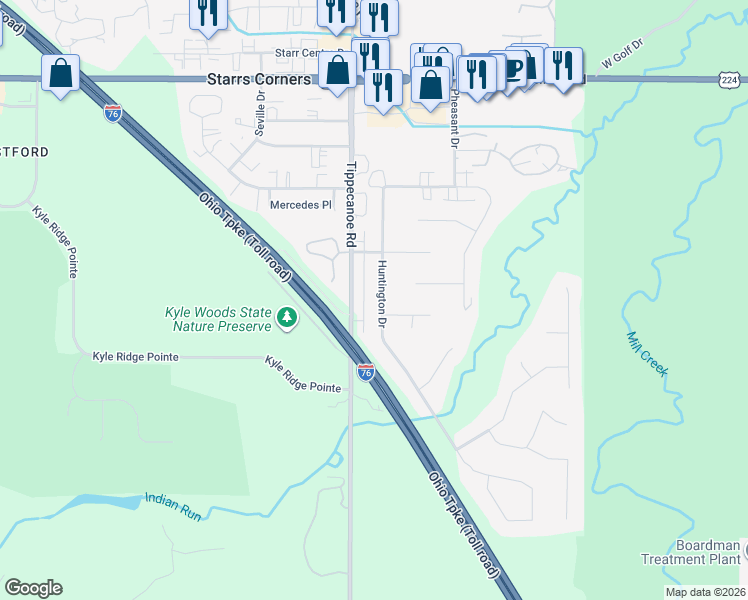 map of restaurants, bars, coffee shops, grocery stores, and more near 7616 Huntington Dr in Youngstown