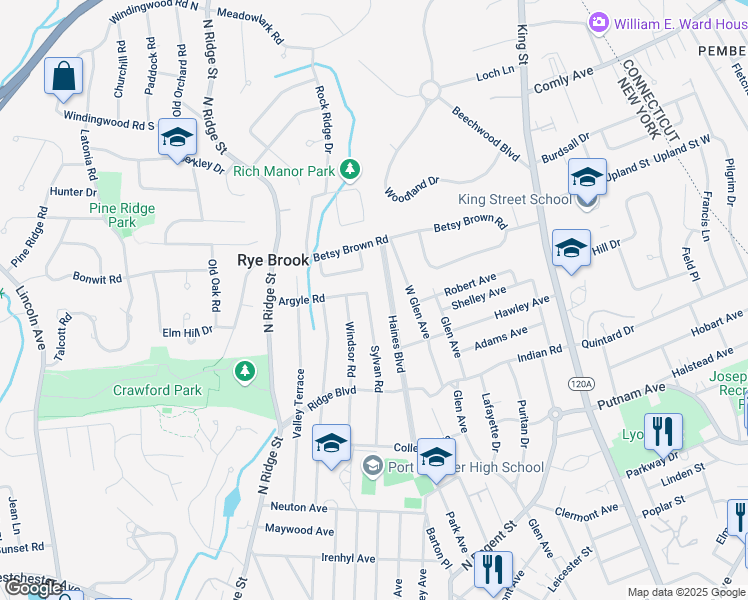 map of restaurants, bars, coffee shops, grocery stores, and more near 29 Sylvan Road in Port Chester