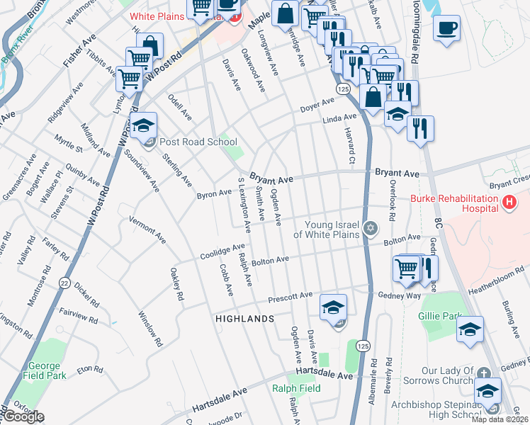 map of restaurants, bars, coffee shops, grocery stores, and more near 63 Smith Avenue in White Plains