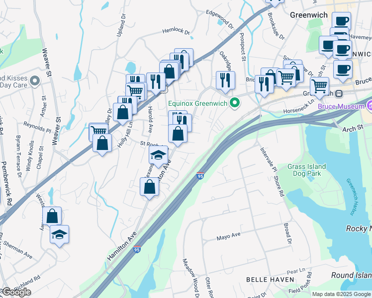 map of restaurants, bars, coffee shops, grocery stores, and more near 199 Hamilton Avenue in Greenwich