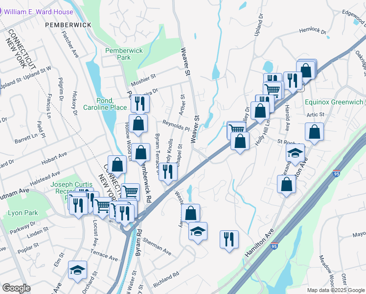 map of restaurants, bars, coffee shops, grocery stores, and more near 42 Chapel Street in Greenwich