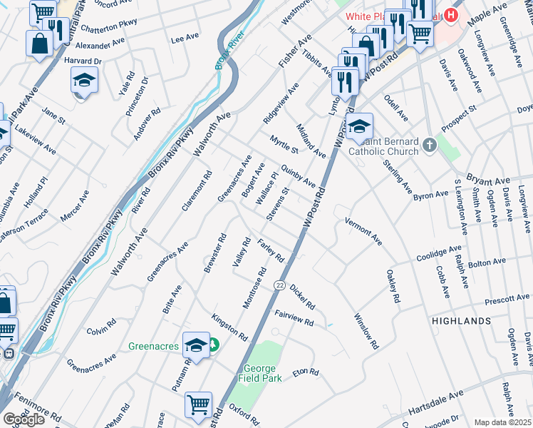 map of restaurants, bars, coffee shops, grocery stores, and more near 58 Walton Avenue in White Plains