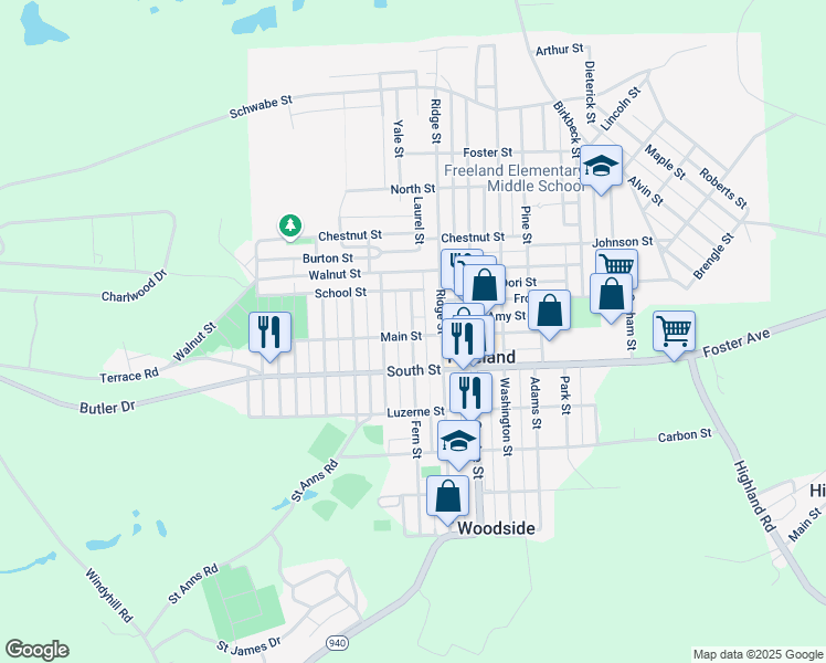 map of restaurants, bars, coffee shops, grocery stores, and more near 604 Fern St in Freeland