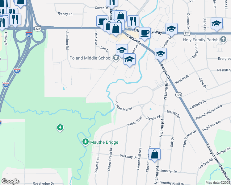 map of restaurants, bars, coffee shops, grocery stores, and more near 36 Poland Manor in Poland